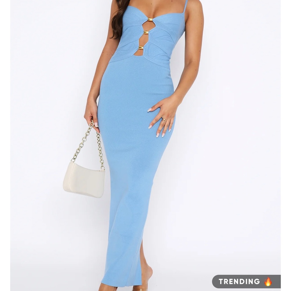White Fox Boutique Sky Blue Maxi Dress with Gold Ring Cutouts